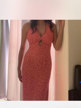 Scala Coral Halter Maxi Dress with Front Keyhole